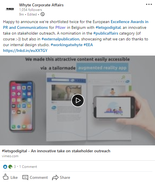 Whyte_CA's tweet photo. Two nominations at the Excellence awards @EEA_Info for the @pfizerbelgie #letsgodigital stakeholders campaign! #PublicAffairs https://t.co/u4wQmQdxgr