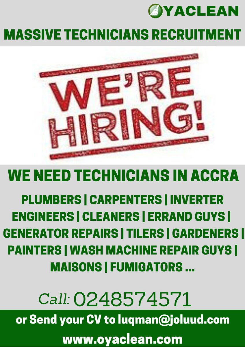 joluud's tweet photo. We need to work with more technicians all across Accra. We also offer Training in Customer service and professionalism to all our Technicians. 

Requirements: The Technicians must be an expert in his/her field.

#accra #recruitment #technicians #peopleneeded #apply #ghana https://t.co/rrNbyeXkwN
