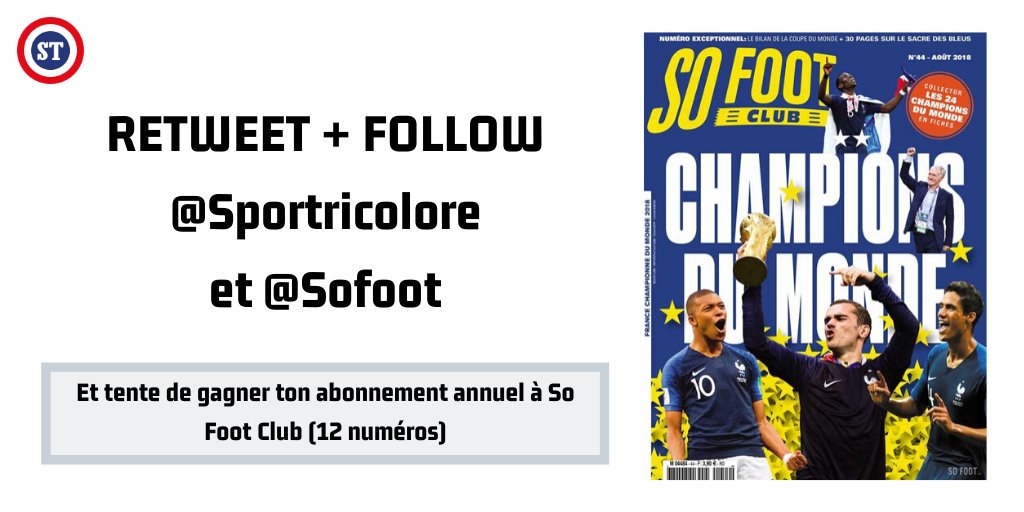 sportricolore's tweet photo. 🇫🇷 JEU CONCOURS 🚨

On vous fait gagner un abonnement annuel (12 numéros) à @sofootclub, second magazine mensuel consacré au ballon rond de l'excellent @sofoot 🎁

✅ RT + FOLLOW @sportricolore et @sofoot pour participer au Concours ‼️

🍀 TAS le 11/11 https://t.co/DP8MEDyj8D