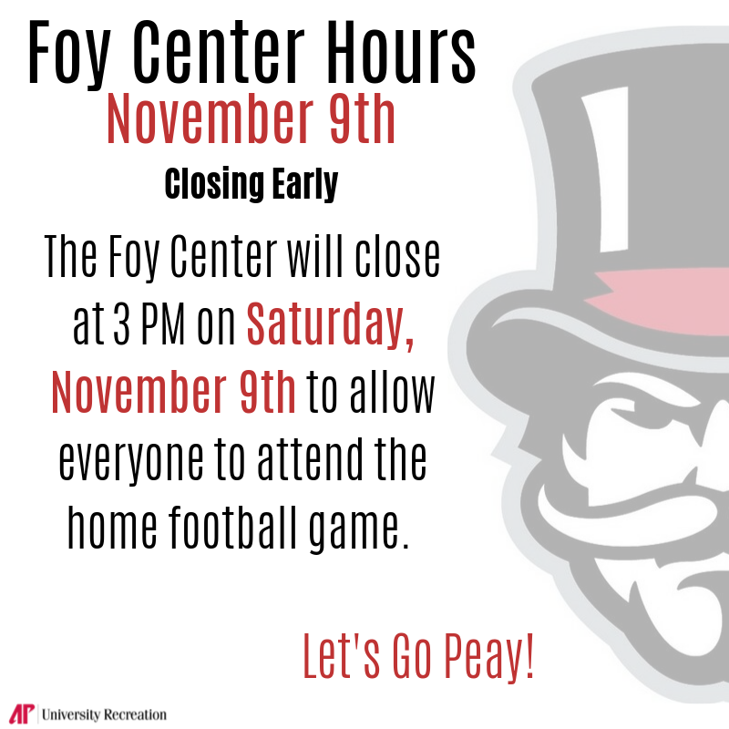APSUFoyCenter's tweet photo. Hey, Fit Govs!๐ฉThe Foy Center will be closing at 3 PM this Saturday for the homecoming game. We hope to see you out there supporting your favorite team!๐ #BeatMartin #apsufoy #fitgovs #gogovs https://t.co/PTpWeUCgCp