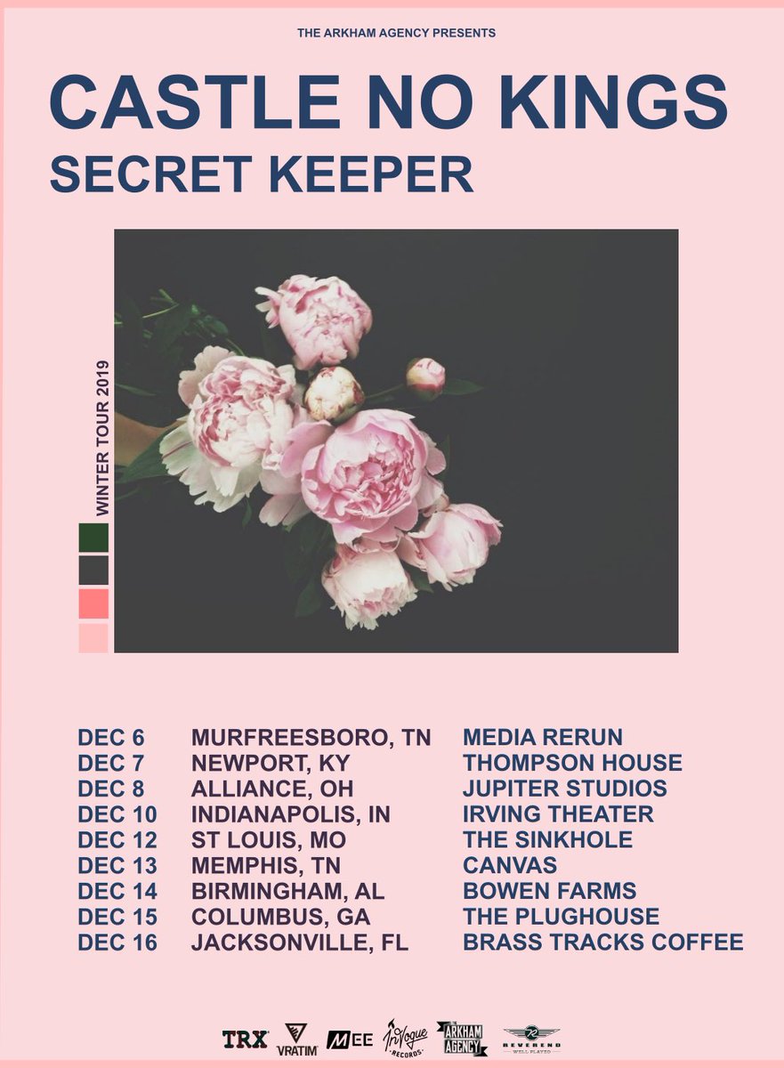 Hitting the road with the boys in Secret Keeper this December! Get to a gig!
•
•
12/6: Murfreesboro, TN 
12/7: Newport, KY 
12/8: Alliance, OH 
12/10: Indianapolis, IN 
12/12: St. Louis, MO 
12/13: Memphis, TN 
12/14: Birmingham, AL
12/15: Columbus, GA 
12/16: Jacksonville, FL