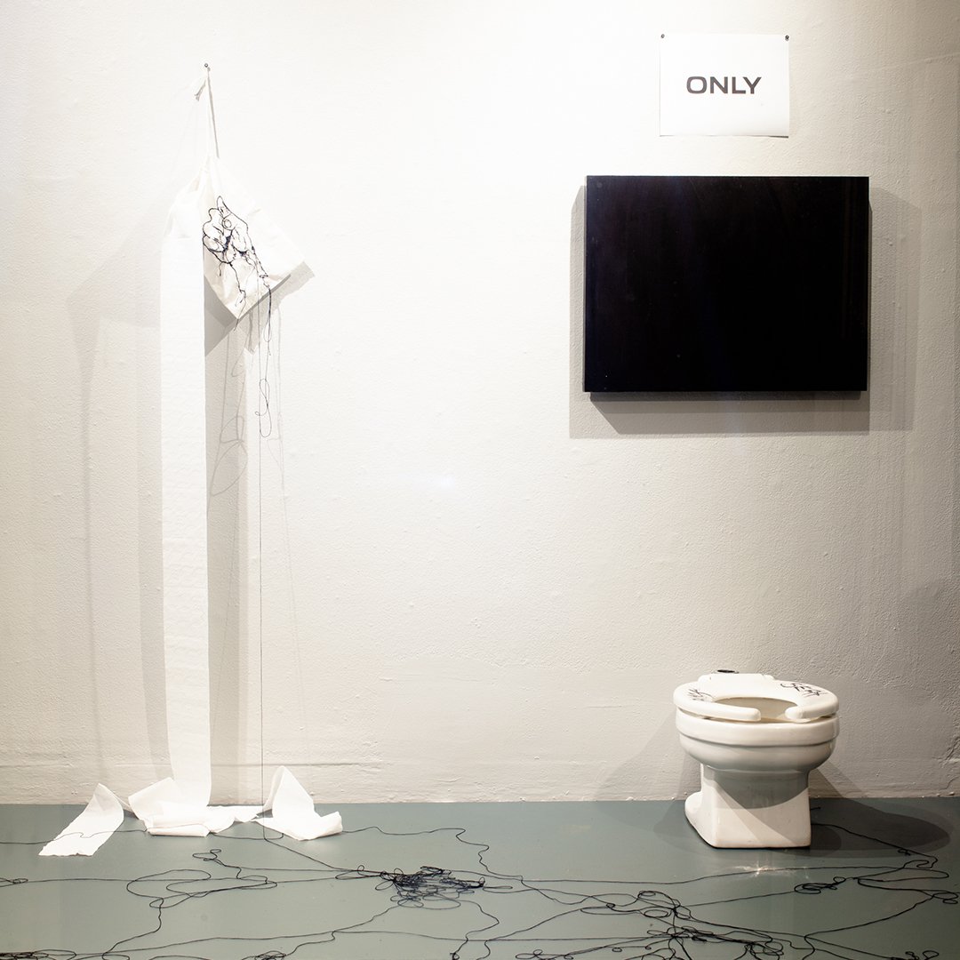 creativityxplrd's tweet photo. Here is an installation by #JDGreen comprised of a found porcelain toilet (a reference to Duchamp’s famous urinal) & delicately #embroidered bathroom tissue. Come see the show through this Thursday! https://t.co/qritDodcq6