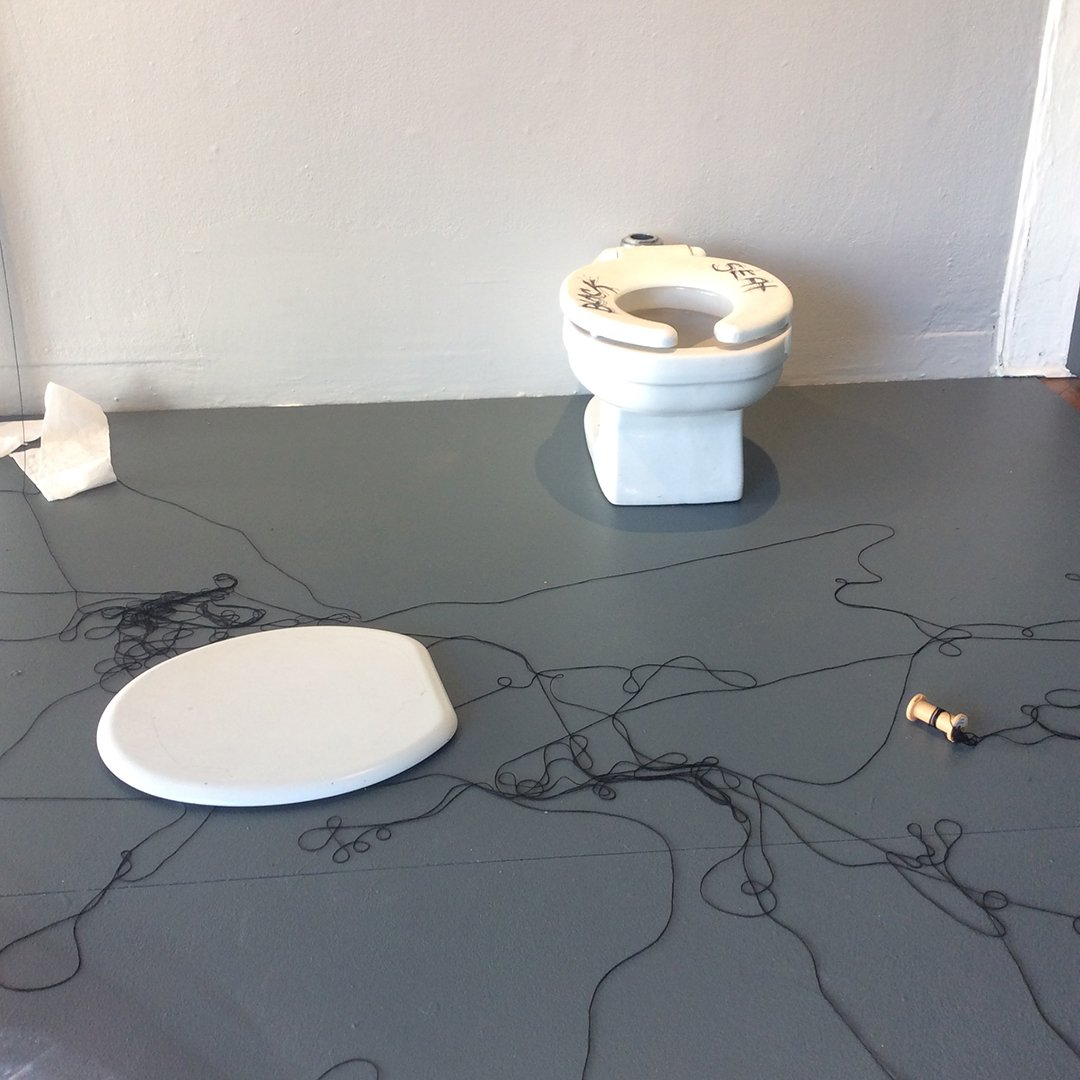 creativityxplrd's tweet photo. Here is an installation by #JDGreen comprised of a found porcelain toilet (a reference to Duchamp’s famous urinal) & delicately #embroidered bathroom tissue. Come see the show through this Thursday! https://t.co/qritDodcq6