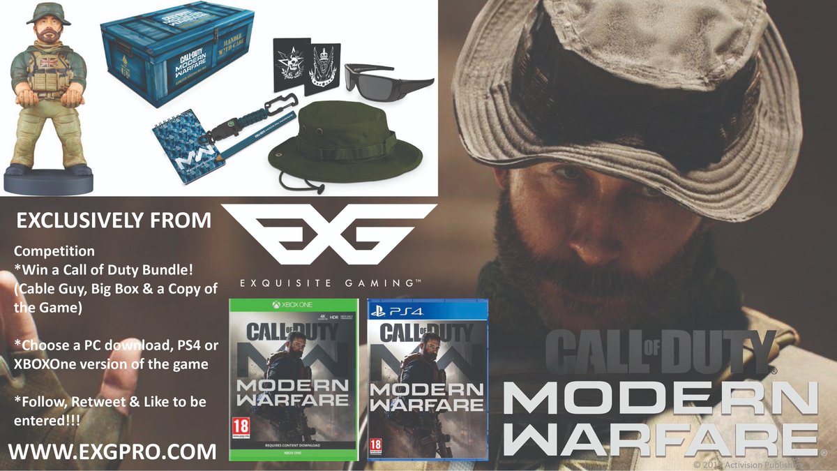 Win a special Call of Duty bundle!

*Captain Price Cable Guy
*Modern Warfare Big Box
*Copy of Call of Duty: Modern Warfare game

Follow, Retweet &amp; Like to enter!

Competition closes 'Friday 8th November'
~Winner selected at random~

#EXGPRO #CallOfDuty #Activision #CableGuys