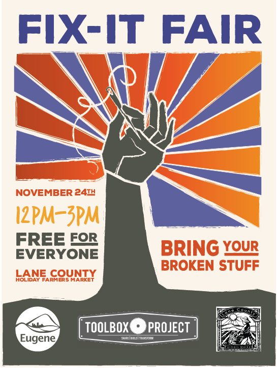 LoveFoodEugene's tweet photo. Toolbox Project, with City of Eugene, is holding a Fix-It Fair at the Holiday Farmers Market, LEC, Nov 24th, 12- 3 PM.
Fixers work on many home and garden items.
1st-come, 1st-Serve. Space is limited. Details:
https://t.co/hvaNZ0RQb6
https://t.co/tcbfwZkjZS
#fixitfair https://t.co/cwmkJGz6Gu
