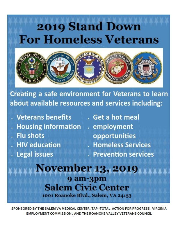 On November 13 from 9am-3pm, all homeless veterans can get information and services at the Salem Civic Center. Thanks to the <a href="/VASalem/">VASalem</a>, <a href="/TAPin2Hope/">TAP into Hope</a>, and other local partners for supporting our veterans!