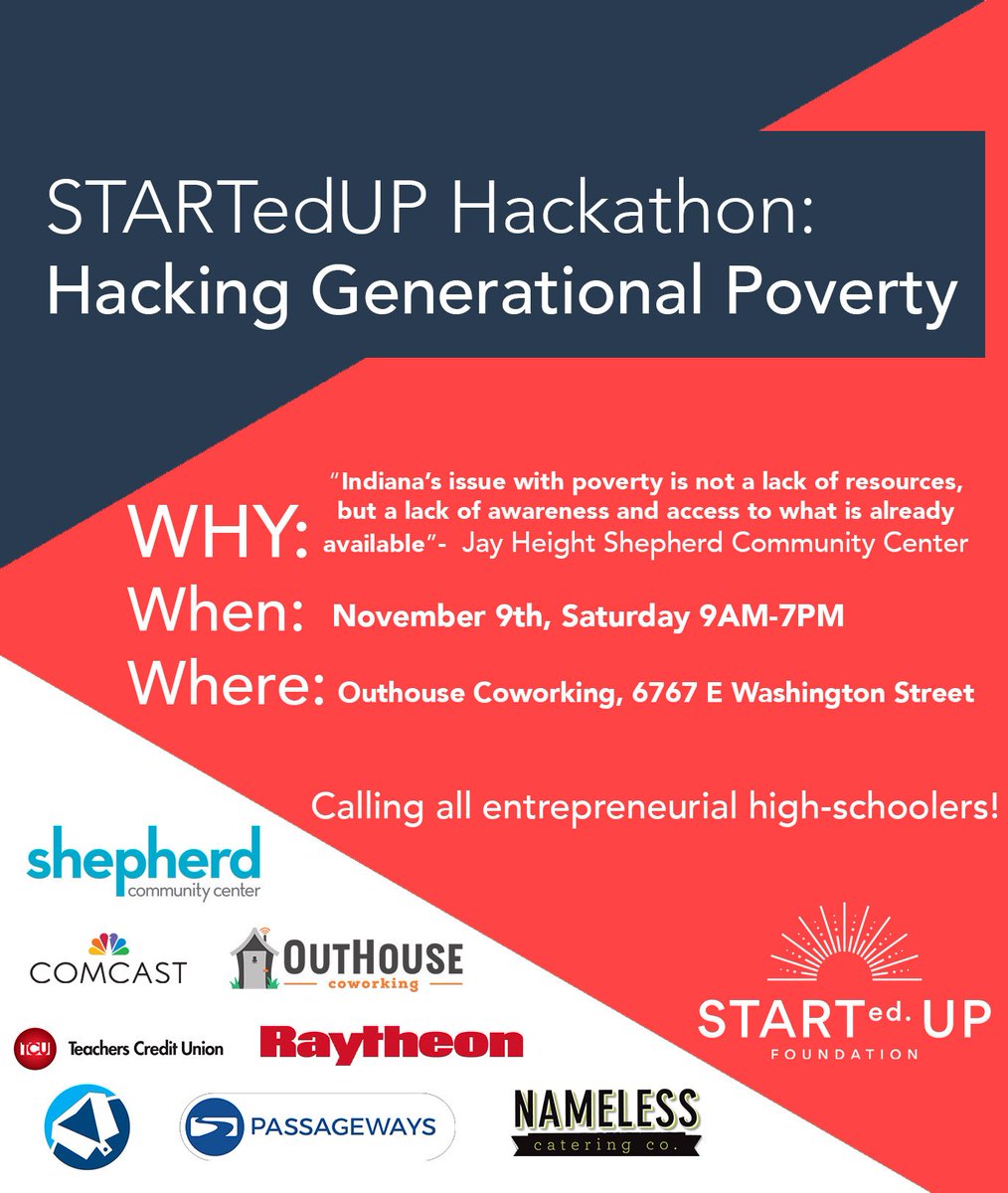 jjeremymiller's tweet photo. Calling all entrepreneurial and innovative high-school students!
Hackathon on Generational Poverty partnered with Shepherd Community Center this Saturday in #Indy
Students will be able to exhibit their entrepreneurial mindset and skills through this experience! #STARTedUp https://t.co/McG1t8Xb9q