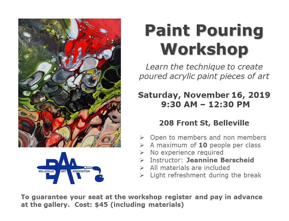 BellevilleArtA's tweet photo. New Workshop! Only few spots available! @BellevilleON #art #gallerydistrict #dtbelleville #pouringart https://t.co/TzXyWlfb66