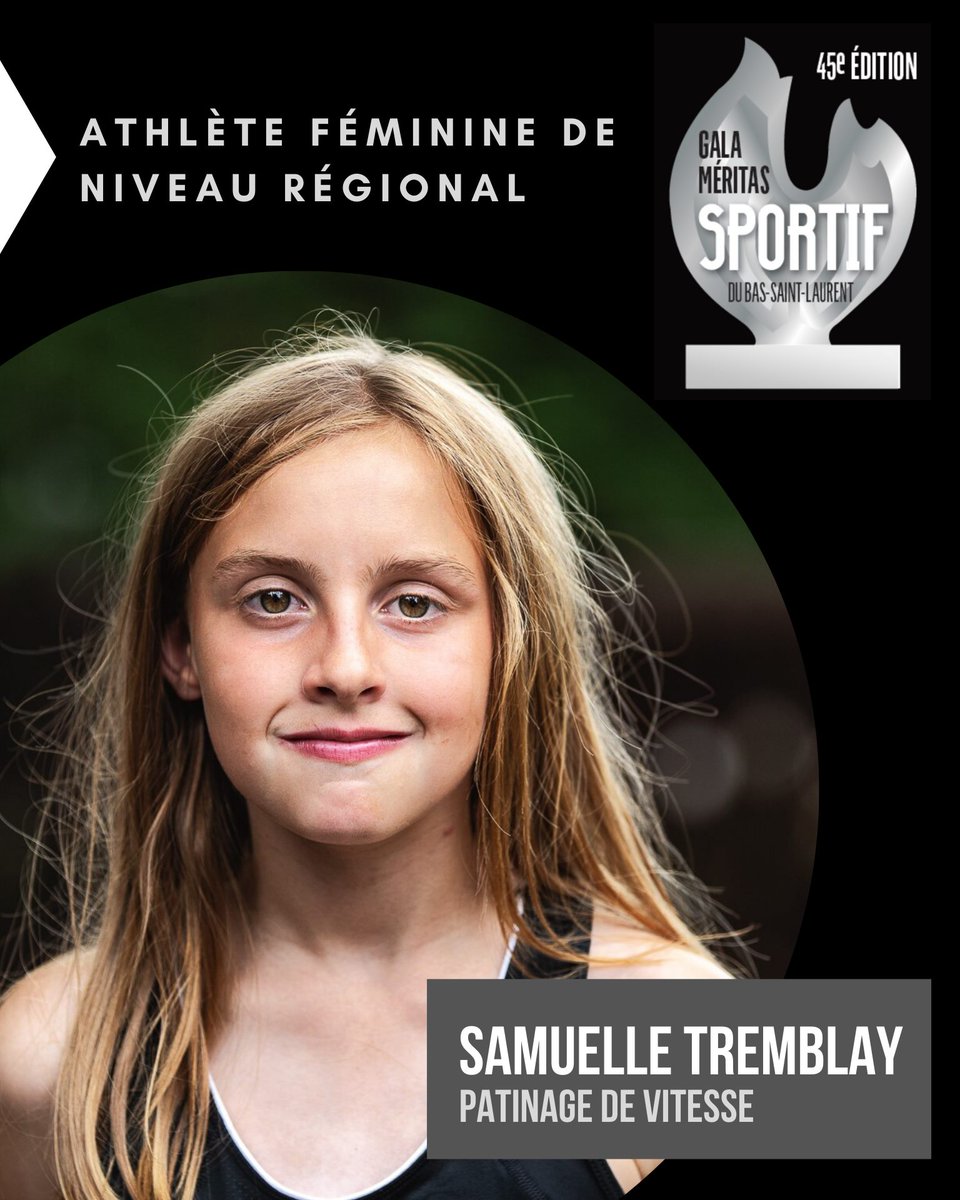 PatinVitesseQc's tweet photo. Toutes nos félicitations à Samuelle Tremblay élue athlète féminine niveau régional, samedi, au Gala Méritas sportif du Bas-Saint-Laurent 2019! Patineuse et cycliste, l'athlète du Club de Rimouski fait déjà tourner les têtes! #PatinVitesseQc https://t.co/H60bvHMDyz