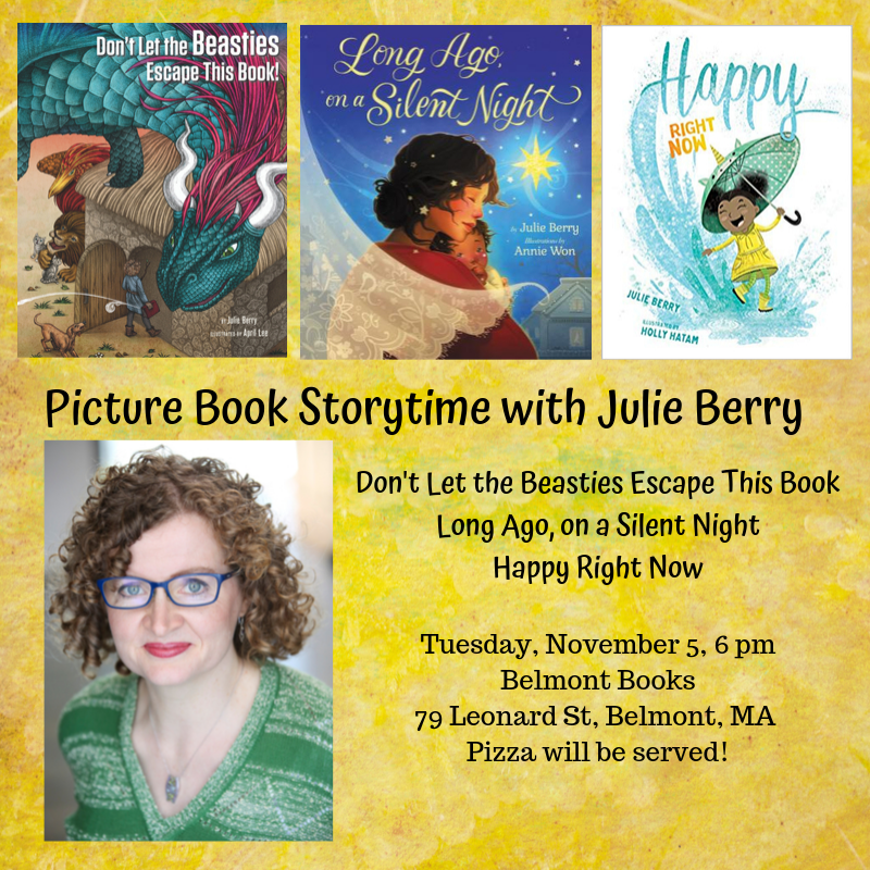 JulieBerryBooks's tweet photo. Hey Boston area! Join me tonight for a reading and signing of three new picture books at 6 pm at @belmontbooks. #DontLetTheBeastiesEscapeThisBook #LongAgoOnASilentNight #HappyRightNow @GettyPubs @Scholastic @soundstrue #picturebooks https://t.co/TMUCIFbAGX