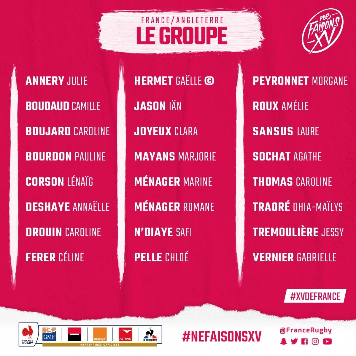 FranceRugby's tweet photo. 🇫🇷🏴󠁧󠁢󠁥󠁮󠁧󠁿 Elles seront 24 filles pour préparer le grand rendez-vous de samedi au Stade Marcel Michelin pour défier les anglaises ! On compte sur vous les supporters ! 👊 #NeFaisonsXV #XVdeFrance #FRAANG https://t.co/zXCMDGaN3A