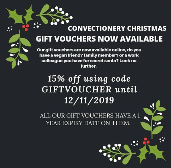 conVEctionery's tweet photo. Gift vouchers are now available online!

https://t.co/Bvcdyn6Jyq

15% off using code GIFTVOUCHER until 12/11/2019

#Vegan #Christmas #SecretSanta https://t.co/WBMMyLUqMM