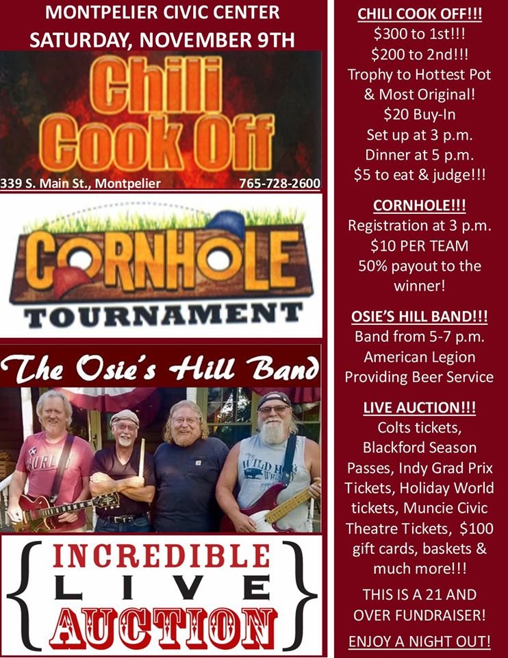 MontpelierCC's tweet photo. CHILI COOK OFF! $300 TO WINNER; $200 TO 2nd PLACE. Cornhole - 50% payout to the winner! OSIE'S HILL BAND &amp; LIVE AUCTION includes, Colts vs. Titans tickets, Indy Grand Prix tickets, Holiday World tickets, Blackford Athletics Season Passes, 50 Gallon Jim Beam (full size) barrel +++ https://t.co/YCSYHvjd17