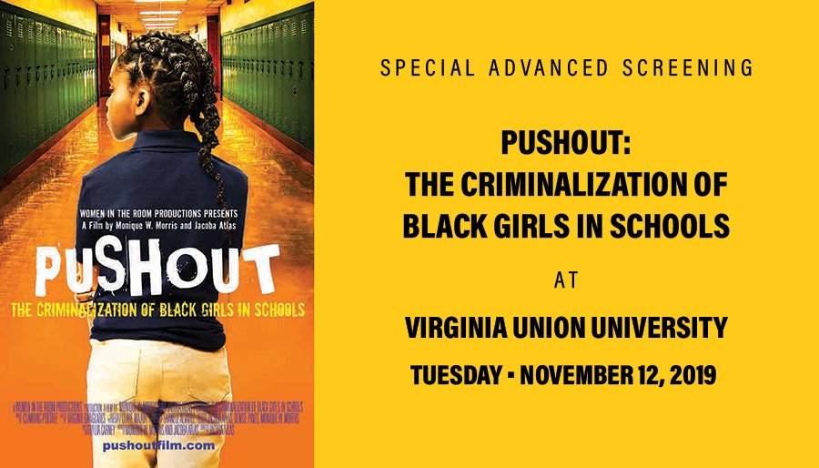 FilmPushout's tweet photo. #Virginia friends! Girls for a Change invite you to a special advanced screening of #Pushout: The Criminalization of Black Girls in Schools at Virginia Union University on Tuesday, November 12. Details and tickets: 

https://t.co/Ej1RLQmgsP

#StandWithBlackGirls
#BlackGirlRally https://t.co/qsn1fTkVas