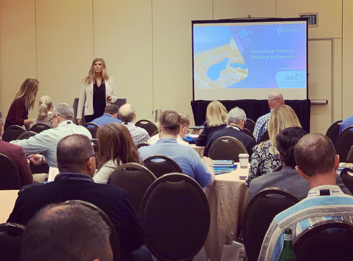 TeamCUInsight's tweet photo. It’s a hard world out there for a #creditunion: “#relevance requires new strategies for organic growth and market differentiation.” @TheRealCUES #CETNET with speaker Sue Schroeder from @Experian https://t.co/ET7jSCboyw