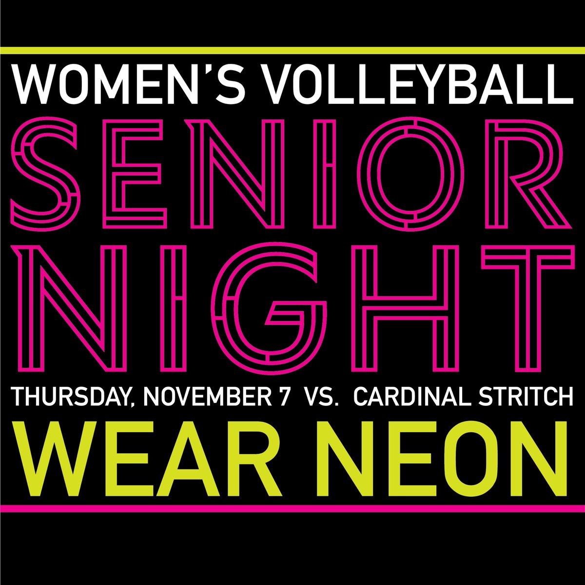 TrollNation17's tweet photo. It’s Senior Night for women’s volleyball on Thursday at 7. Come in your neon gear! #trollnation https://t.co/SqiYlrOC0d
