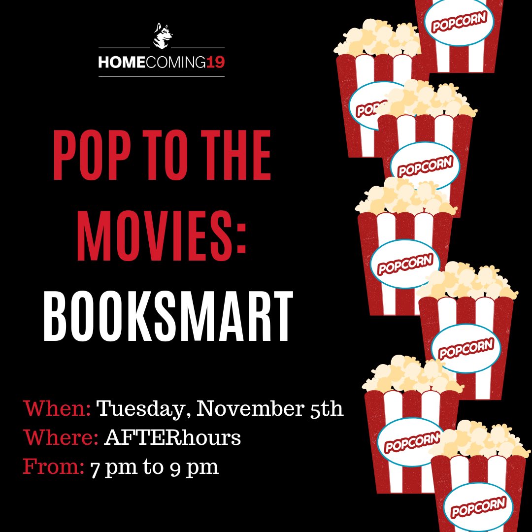 Dont’ forget to POP TO THE MOVIES in Afterhours and join #homecomingnu for a showing of BOOKSMART with movie popcorn and snacks for all who come! #nuexperience 🍿🍿