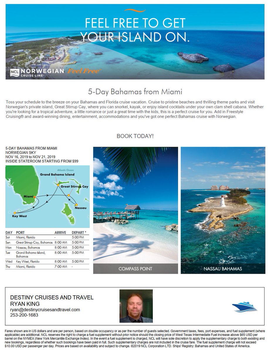 destiny_cruises's tweet photo. Norwegian Cruise Lines
#cruisenorwegian
@CruiseNorwegian 

5 Day Bahamas
11/16/19-11/21/19
Norwegian Sky

Inside staterooms starting from $99/per person https://t.co/wyK4AKScMi