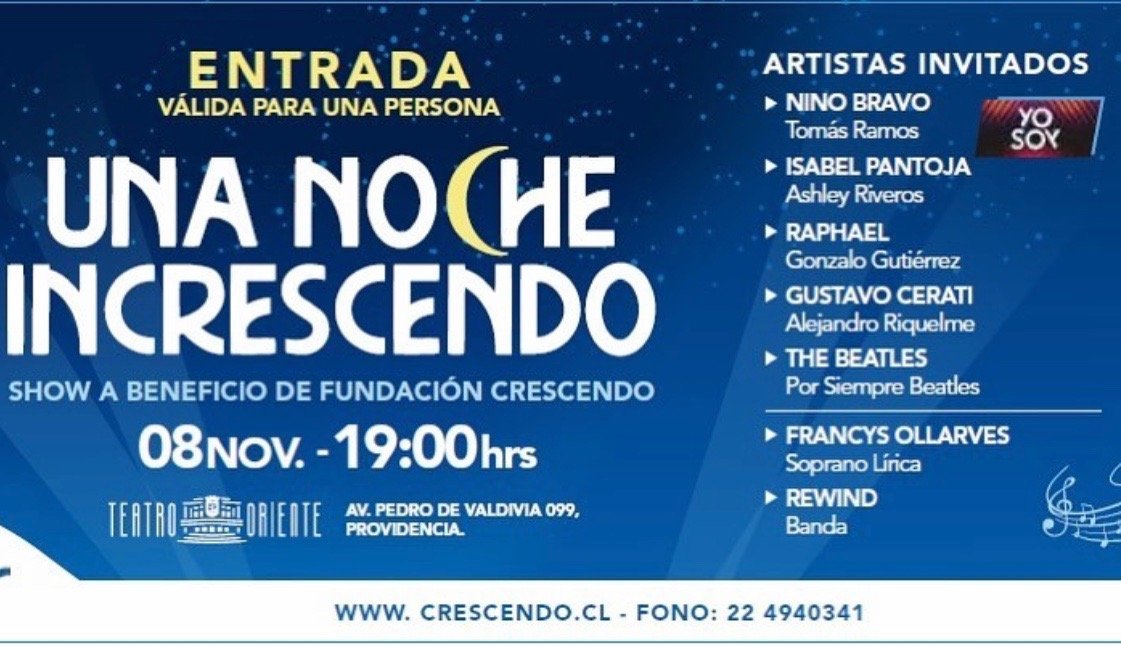 CrescendoChile's tweet photo. Este viernes 8 de noviembre en @teatrooriente tenemos una gran Gala Musical de Tributo con finalistas del programa 'Yo Soy' y la banda Rewind. Así podemos seguir con nuestro trabajo de inclusión y apoyo a adultos con discapacidad intelectual. 
Entradas están a la venta a $20.000. https://t.co/H53rfjuLng