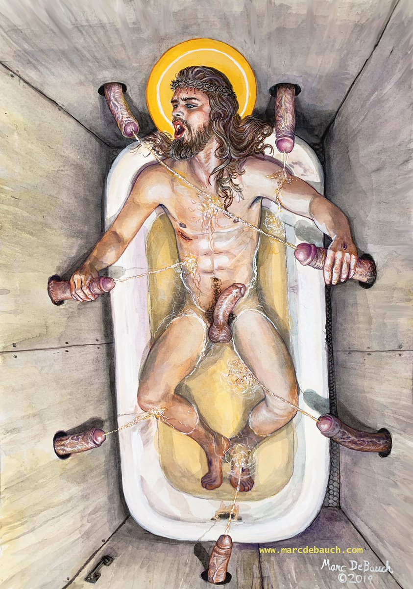 "What So Ever You Do To The Least Of My Bretheren, That You Do Unto Me"
2019 Marc DeBauch goauche on paper 18.5" x13"  This painting is my response to hypocritical Trump followers that claim to be good Christians. #gayjesus #religiousporn #gayfantasy #erotisch #erotique #piss
