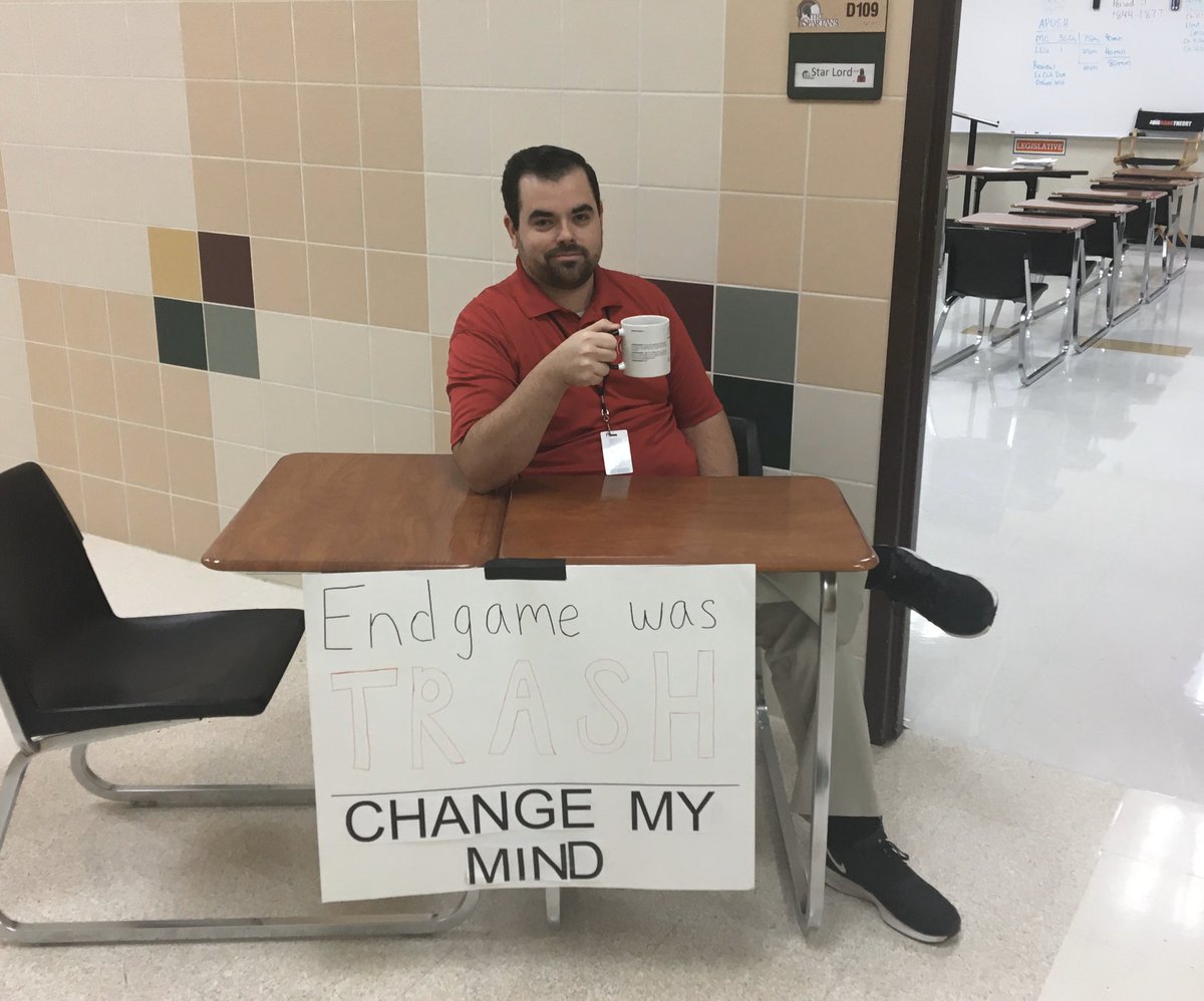 HistoryPower's tweet photo. It’s dress like a meme day at PHS. I’ve had some interesting convos. 😂 #endgamewastrash https://t.co/pROCADddGS