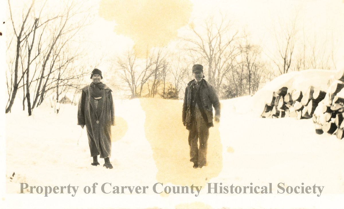 cc_historical's tweet photo. #FirewoodDay  Peter and Hannah Johnson enjoying a wonderful MN winter day, undated. . .note the pile of firewood at right to warm them up again. 🔥 https://t.co/AnfG0y5Xsy