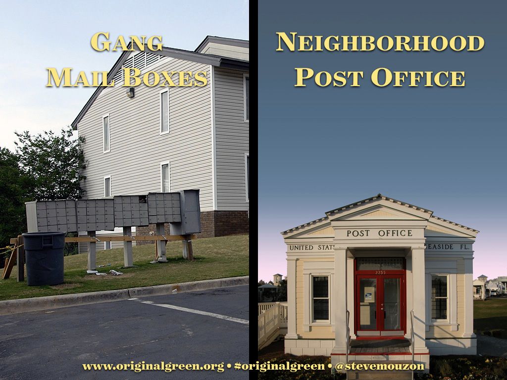 stevemouzon's tweet photo. #GoodUrbanism vs #AutoDomination 24
The @SeasideFL_ post office is just a gang mail box with civic clothing. But could there possibly be a greater divide in the experience of getting your mail between Seaside & the wretched #sprawl gang mail box on the left? https://t.co/dTYdEo6Pi7