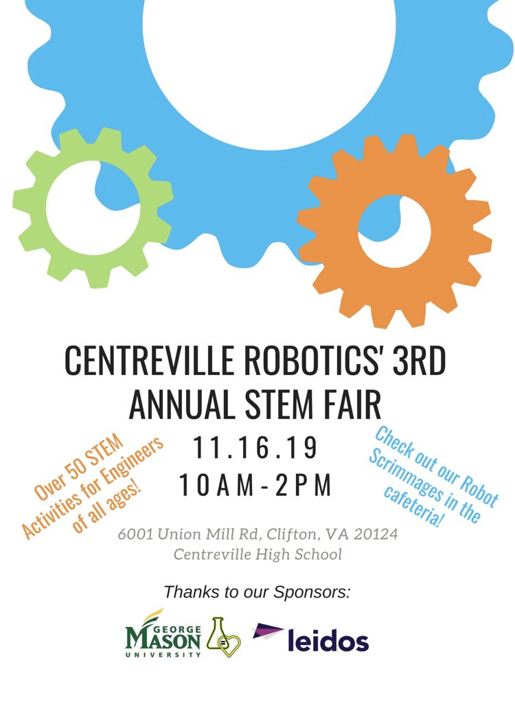 cvhsrobotics's tweet image. Centreville Robotics invites you to its 3rd annual STEM Fair on November 16th from 10am-2pm at Centreville High School. Join us for our @FIRSTweets robotic scrimmage and demonstration or for one of our 50 STEM activities run by STEM organizations from around the Centreville area!