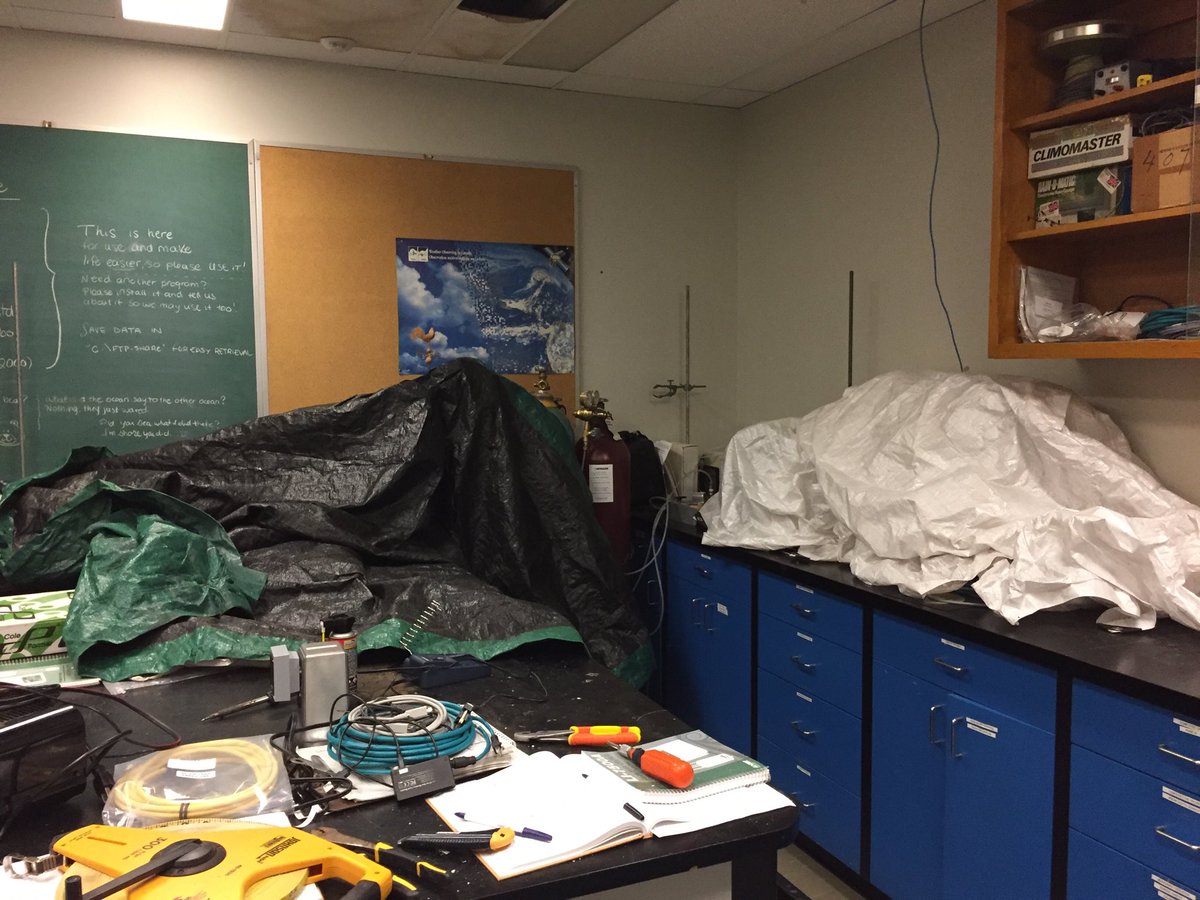 meteomac's tweet photo. Surprise! A pipe broke in the lab upstairs. Thanks to quick thinking grad student Laura Clark for saving the computer and equipment! https://t.co/gFdcU4HjJ0