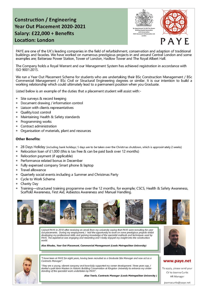 YEAR OUT PLACEMENT
Construction / Engineering 
We run a Year Out Placement Scheme for students who are undertaking their BSc Construction Management / BSc Commercial Management / BSc Civil or Structural Engineering degrees or similar. 
CVs to joannacurtis@paye.net #yearoutjobs