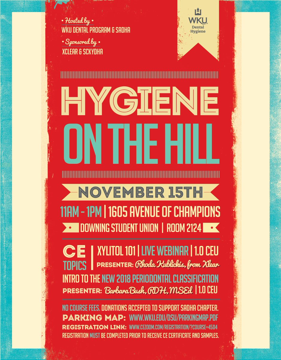 WKU_DH's tweet photo. Please join us on campus next Friday, November 15 for two CE presentations during Hygiene on the Hill. We look forward to seeing you! https://t.co/LocyZaOxOe