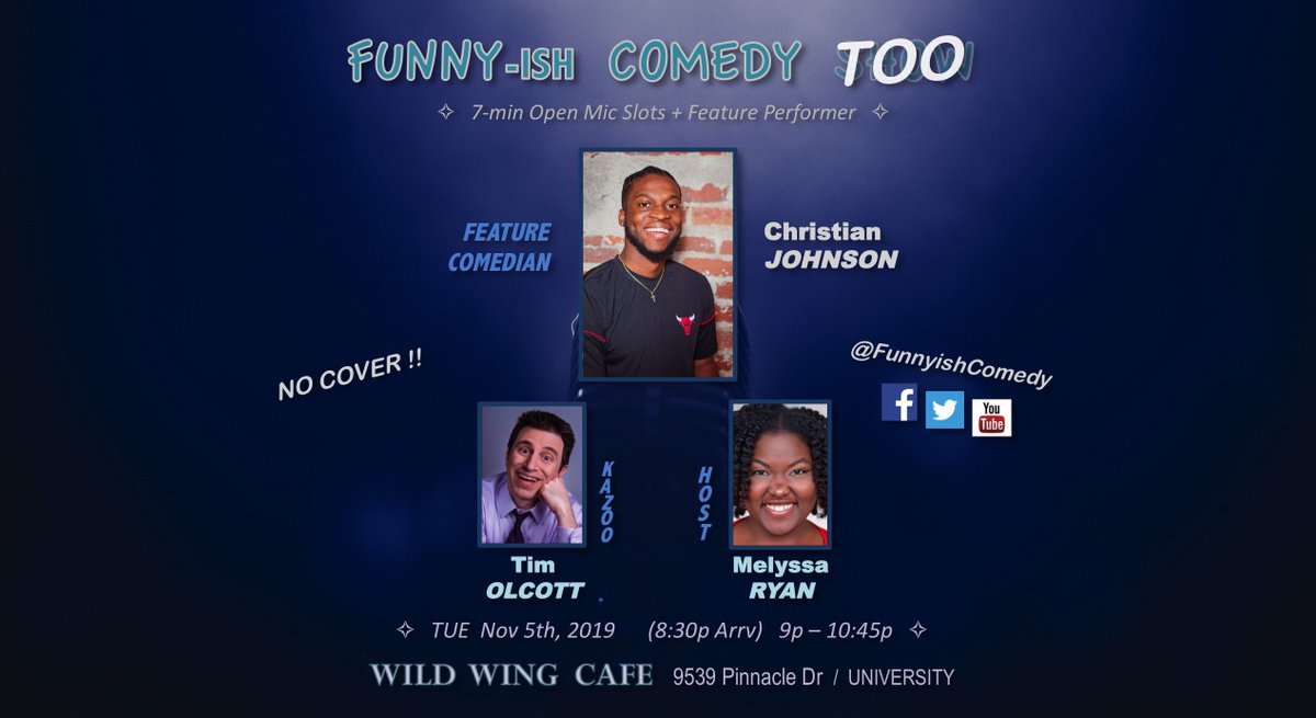 FunnyishComedy's tweet photo. CharlotteNC  8:30p TOOnight
(after #Duke-#Kansas)
@WildWingUNCC FREE Show
#StandUp #Comedy #CLTcomedy
With: #MelyssaRyan @IceCold_Chris
Plus: @TheNotoAmf @GMLurie @pushthepile @BigEcomedyjokes #BeauJohnson #RayRay @addyKapur
https://t.co/0QuZ2lB2lv https://t.co/b1t32wUo4v