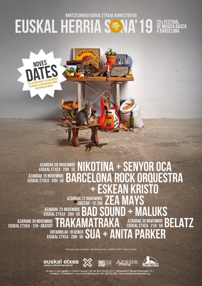 ATENCIÓ!! Aquí el cartell amb les noves dates de l'#EHSona19 degut a la #VagaGeneral180! No et perdis cap concert a l'<a href="/Euskaletxeabcn/">Euskal Etxea BCN</a>!
#CulturaxlaLlibertat  
#FemXarxa