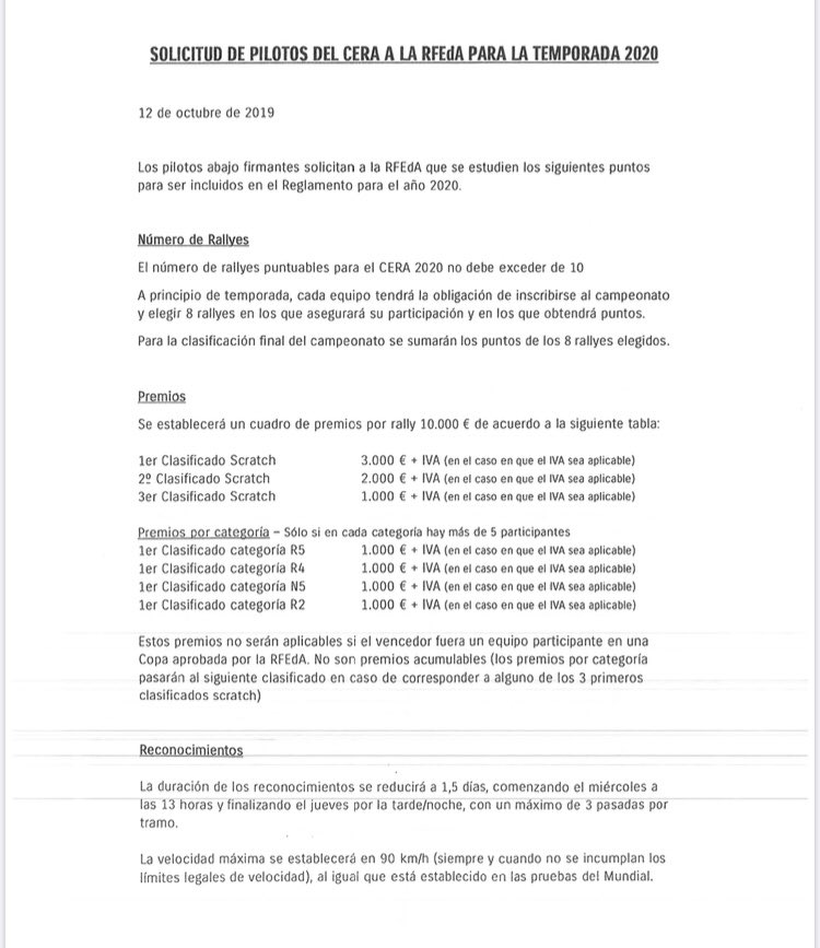 AS_PipoLopez's tweet photo. Pues parece que no todos están contentos con la gestión. Los principales pilotos de Campeonato de España de Rallys se unen en un manifiesto solicitando cambios inmediatos a la Federación. Lo firman López, Ares, Pernía, Vinyes, Pardo, Monarri y Cohete https://t.co/6TfAfcpk6R