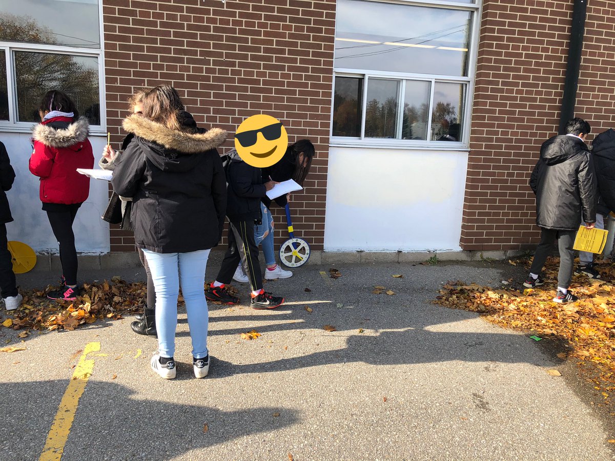 MsDudani's tweet photo. Using #trundlewheels to #measure and #map the exterior of @JosephAGibsonPS and then #calculate #area of a #complexshape. Fun and fresh air #math @YRDSBmath https://t.co/ZGGsjBGGXW