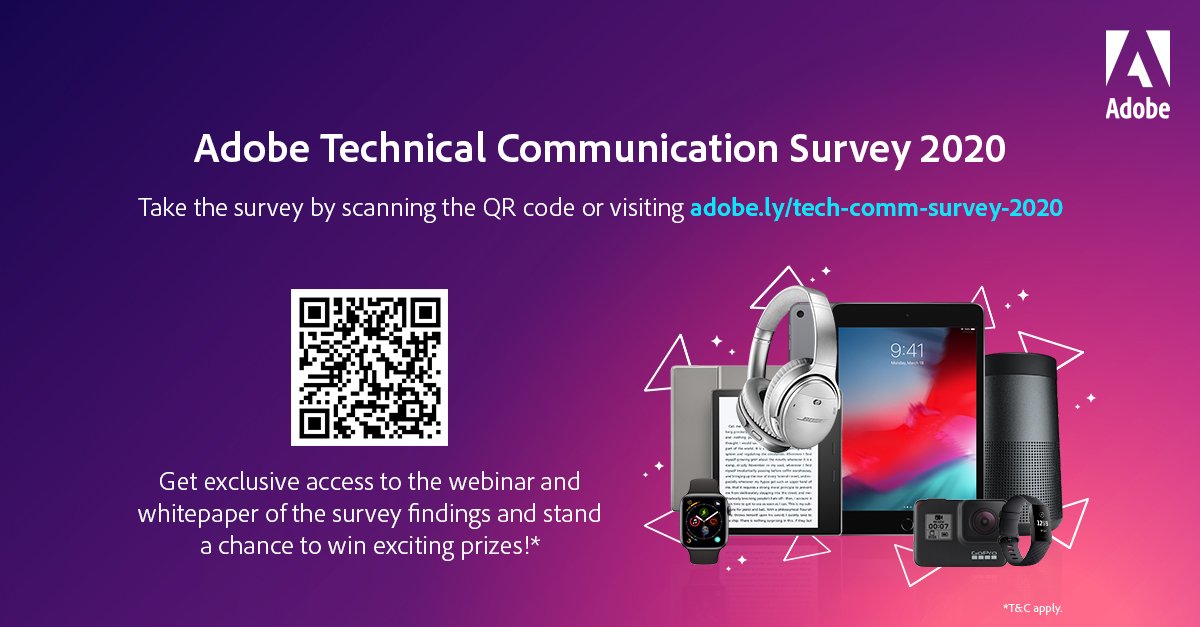 AdobeTCS's tweet photo. The Adobe #TechComm team wants to know how you create #TechnicalDocument! How content is created, published, reused & analyzed by #TechnicalWriters.
Take our #survey to help us understand the trends shaping the future of #Content and Win exciting prizes: https://t.co/cN7e2g8Q05 https://t.co/cuWroGOlnX