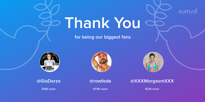 Our biggest fans this week: GiaDerza, rowfede, XXXMorgasmXXX. Thank you! via https://t.co/TgunTduqCU