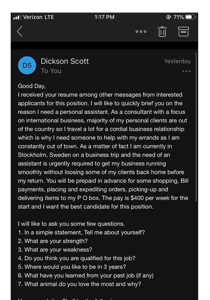 BBBcsal's tweet photo. 🚨 STUDENT SCAM ALERT 🚨 Be careful when searching for jobs on the student portal. We were notified by a local university that a #scammer posted on their student job board. Here are screenshots of the post and a message from the poster. What🚩RED FLAGS🚩do you see? #studentscam https://t.co/OVqnHGf2l4
