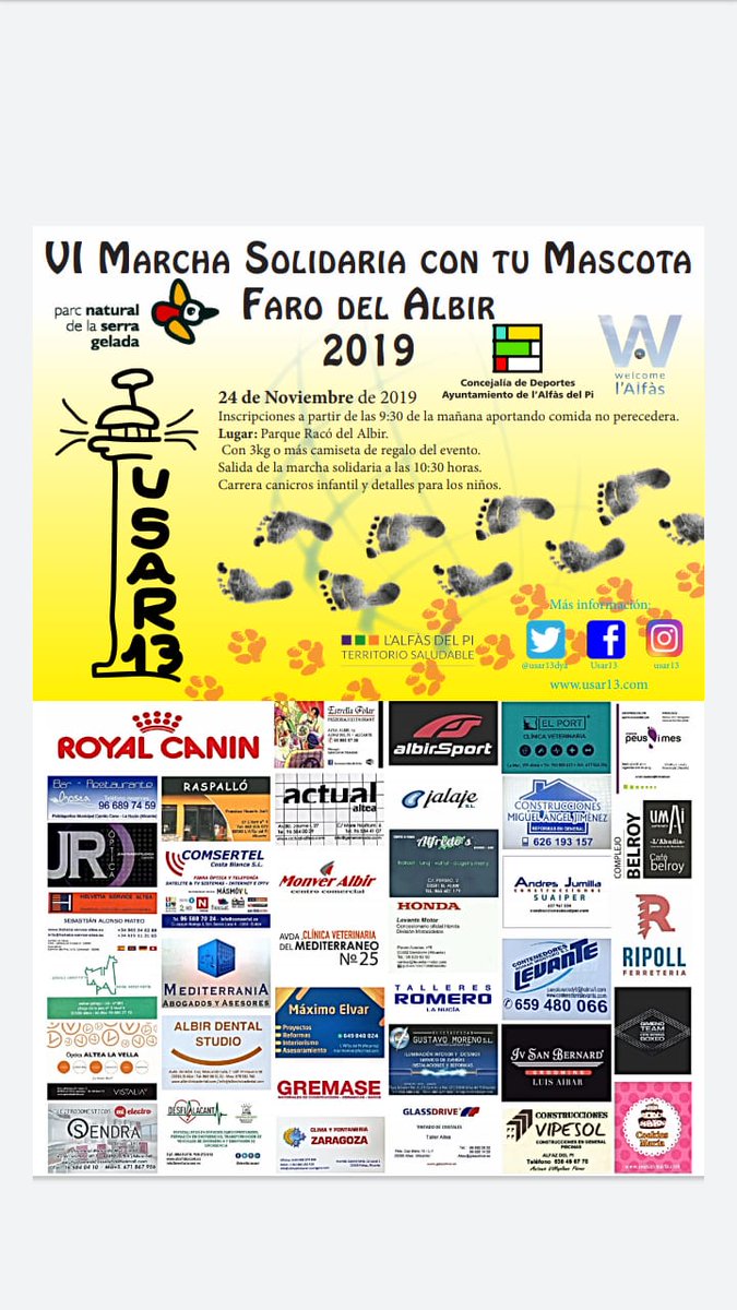 USAR13DYA's tweet photo. Ya tenemos aquí la VI Marcha Solidaria con tu mascota Faro del Albir. Este año se adelanta al 24 de Noviembre. Habrá carrera infantil, rifa y muchos regalos. Os esperamos con vuestra mascota para ayudar a los más desfavorecidos. Ayúdanos a ayudar!! #usar13 #solidaridad @LAlfasES https://t.co/oLjenqQw0r