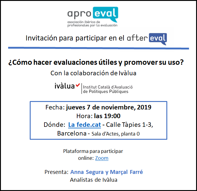 AproevalIbero's tweet photo. Os recordamos que no queda nada! Este jueves hablaremos de promover el uso de las evaluaciones con las compañeras de @Ivalua_Cat en los #aftereval de @AproevalIbero en #Barcelona y también online.
#evaluacion #eval #EvaluationUse https://t.co/b6LS0arEpA