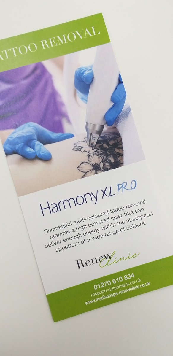 RenewClinic's tweet photo. We now offer Tattoo Removal here at Renew Clinic.
The Harmony XL Pro allows us to safely and successfully remove multi-coloured tattoos.
Call 01270 610834 to book your free consultation.
#tattooremoval https://t.co/p3ODaAOCfs