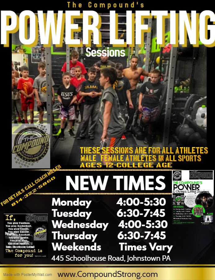 TheCompoundOG's tweet image. Attention JH, HS and College athletes- 

The Compound has the workout session for you! Our Power/Olympic lifting sessions are producing amazing results! For details call or Text Coach Miller 814-322-5860 #CompoundPower @GibErikson345