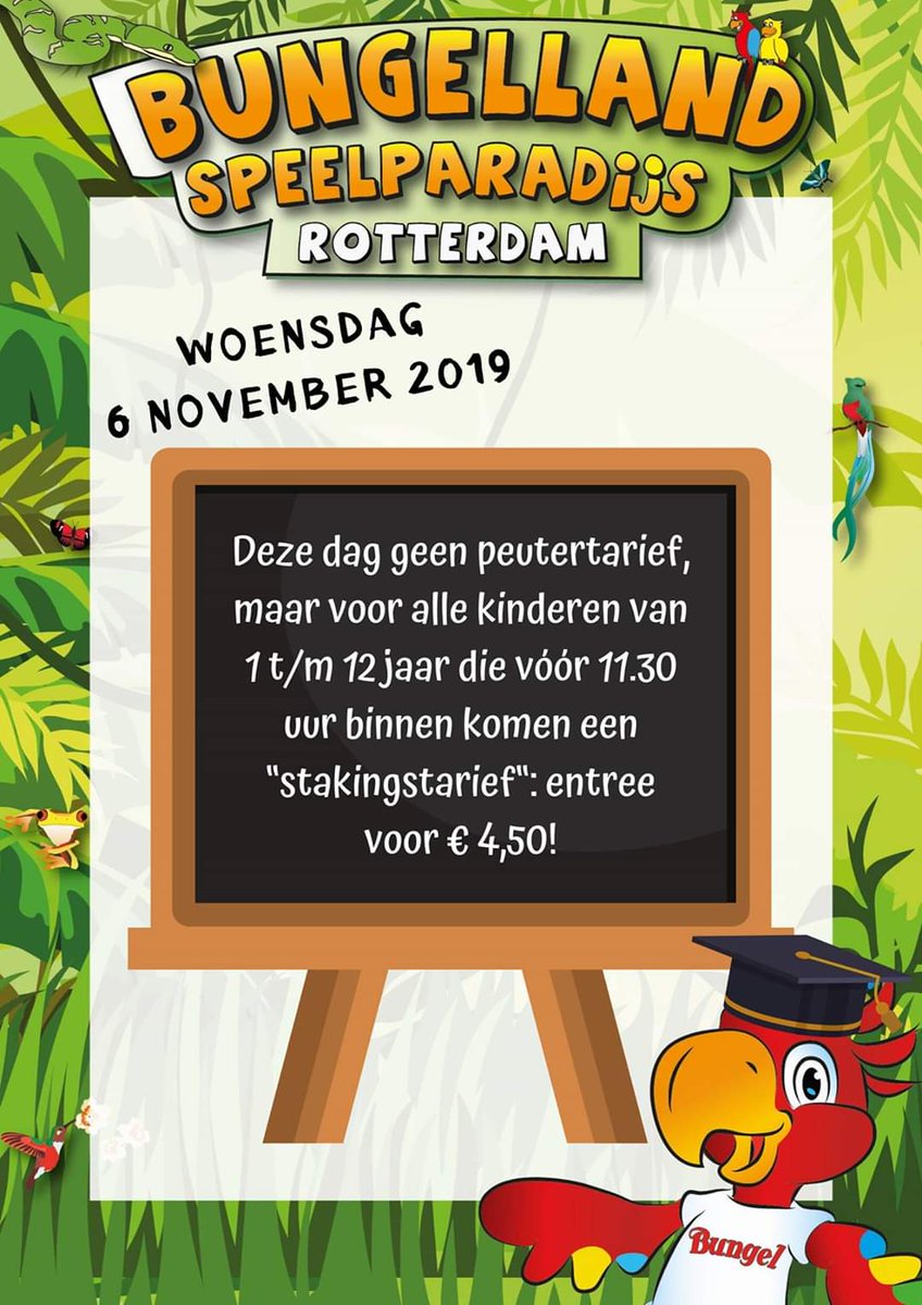 Bungelland's tweet photo. Mocht jouw school staken: woensdag 6 november hebben we geen peutertarief, maar voor alle kinderen van 1 t/m 12 jaar die vóór 11.30 uur binnen komen een “stakingstarief“: entree voor € 4,50!

#staken #stakingsactie #kortingopentree https://t.co/SPPMCzRv4F