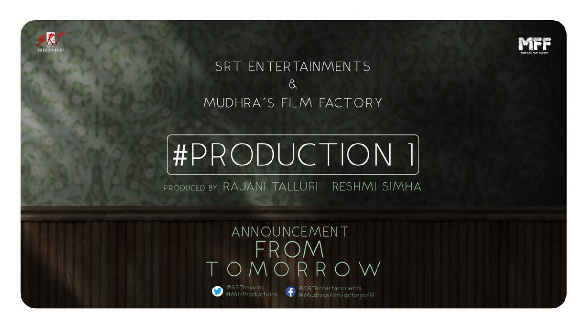 heytamilcinema's tweet photo. SRT Entertainments & Mudhra's Film Factory.
ProductionNo1 Announcement starts from Tomorrow.
#SRTMFFProduction1 #SRTEntertainments #MFFProductions #ProductionNo1
@MffProductions @SRTmovies @proyuvraaj @UVCommunication @digitallynow https://t.co/QgeP7ZxL2B