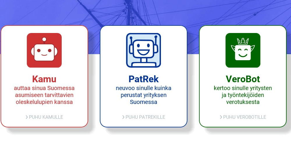 prh_fi's tweet photo. #Kamu, #VeroBot ja #PatRek #chatbot'it ovat neuvoneet #yhdessä ulkomaalaisia yrittäjiä jo vuoden. Ensimmäinen kerta, kun valtionhallinnon virastot kokeilivat palvelua, jossa chatbotit vastaavat kysymyksiin yhteistyössä. Lisää: https://t.co/cWYTAfD3yQ @Maahanmuuttovir @Verouutiset https://t.co/5non1hk6OV