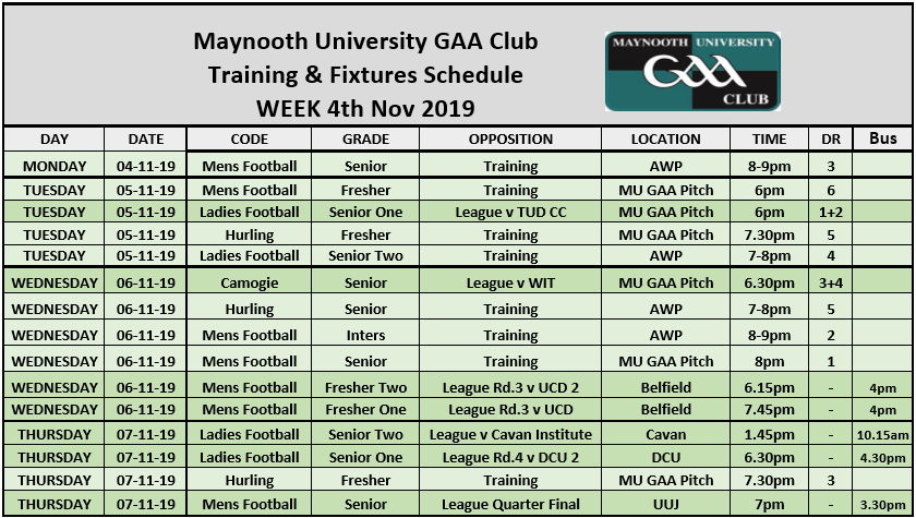 MaynoothUniGAA's tweet photo. Week seven, MU GAA schedule below. After yesterdays wash out, we are back up and running with league games and training. All support welcome. New players always welcome. Pop into the GAA office if you have any questions. #yourclubawayfromhome #MUGAA https://t.co/phCpHXNtN6