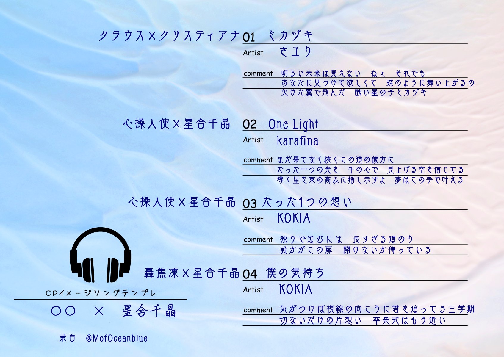 茉白 On Twitter Cpイメソン それぞれ一枚に出来なかった あとコキアさん好きなんで二曲入れた 入れれなかったけど この胸の苦しみが愛おしいほどに生きて も好き 祈りにも似た美しい世界 とかプリズムの深雪ちゃんにどうだろうかって思ってる