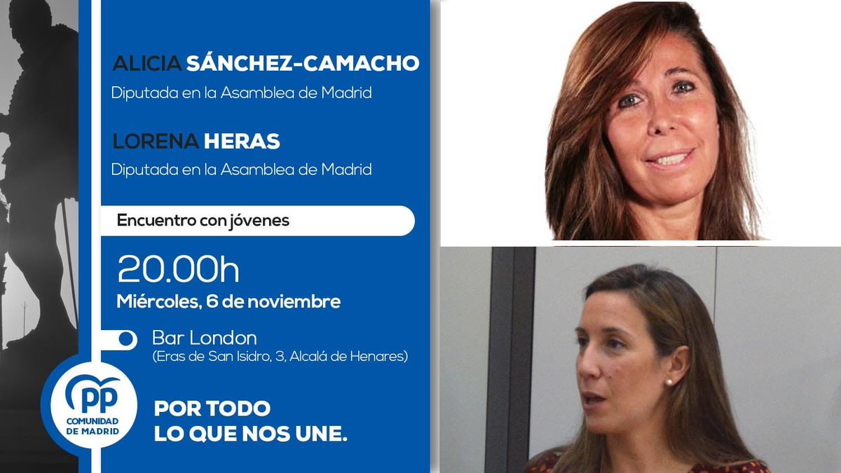 Sharon121982's tweet photo. Mañana encuentro con Jóvenes. @AliciaSCamacho y @lorenaherased os esperan en #BarLondon .
Os esperamos @ppdealcala #PorTodoLoQueNosUne #10N 🇪🇸 https://t.co/KU3mhZeTr7
