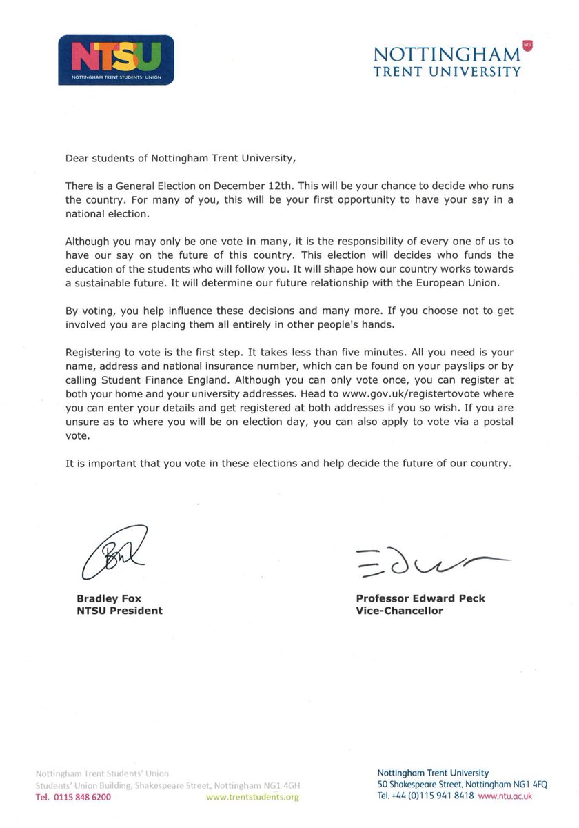 We are heading for a General Election on December 12th. 

<a href="/ProfEdwardPeck/">Edward Peck</a> and I are publishing this open letter to encourage all of the students at NTU to get registered. Regardless of who you vote for, it is important you get registered and vote to have your say.