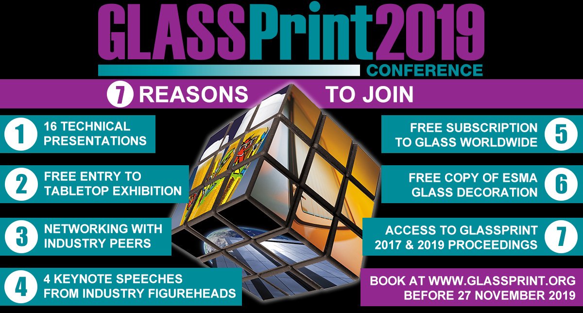 ESMA_Print's tweet photo. With the latest additions of @arojaxorfex and @CerinnovGroup to the exhibition part, as well as confirmed delegates coming from 24 countries around the globe, there are now even more reasons to join #GlassPrint conference on 27-28 November 2019 in Düsseldorf! https://t.co/s5FLKTFS3U